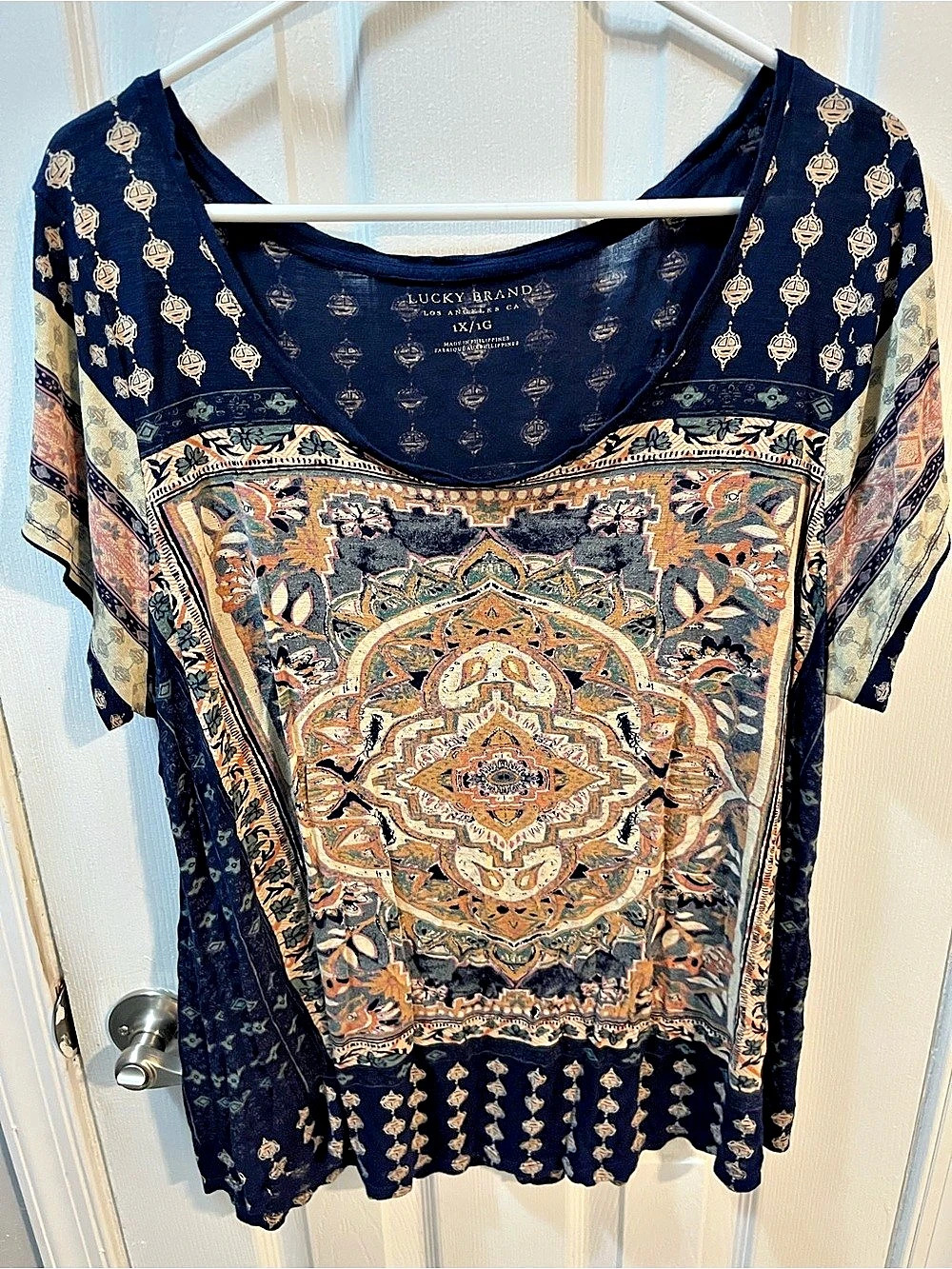 Lucky Brand Printed Short Sleeve Scoop Neck Bohemian Tunic Top Blue 1X
